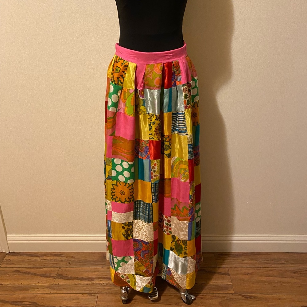 Vintage Colorful Patchwork Maxi Skirt with Pink Waistband